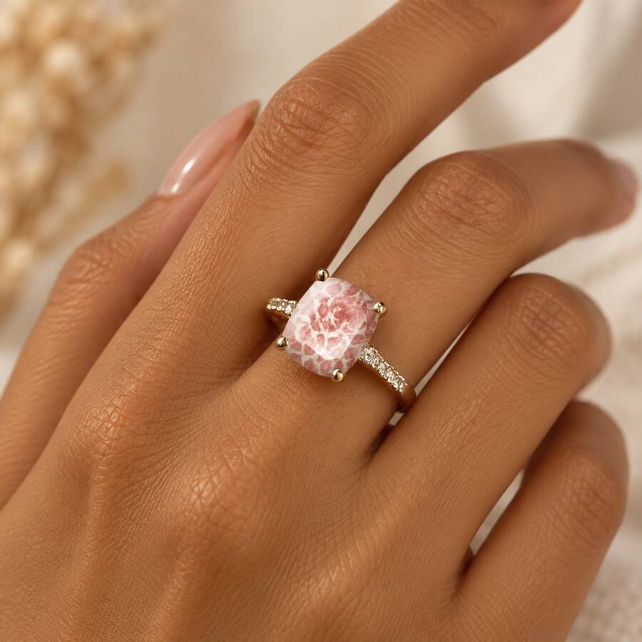 1pc Women's Gold Ring, Pink Square Textured Leopard Print Decor, Fashion Design, Exquisite Elegant Style, Daily Versatile Finger Jewelry Accessory - Square Leopard Print Ring - View 1