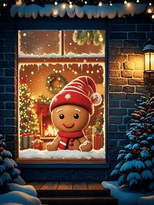 Gingerbread Man Christmas Window Scene Backdrop, Christmas Party Home Scene Decor Window Clings. Christmas-Themed Window Decor Props For Festive Atmosphere, Ideal For Christmas Parties, Holiday Gatherings And Wall Decorations. - Multicolor - View 2