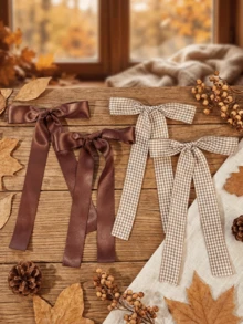 4 Pcs Brown Hair Bows For Women Girls,Large Satin And Gingham Plaid Ribbon Bow Alligator Clips With Long Streamers,Fall Hair Accessories Set Festival - Multicolor - View 1