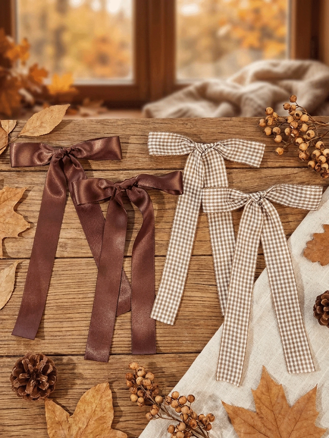 4 Pcs Brown Hair Bows For Women Girls,Large Satin And Gingham Plaid Ribbon Bow Alligator Clips With Long Streamers,Fall Hair Accessories Set Festival - Multicolor - View 1