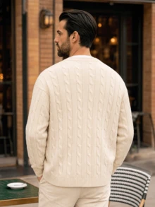 Men's Solid Color Cable Knit Textured Old Money Style Vintage Cardigan, Long Sleeve Slim Fit Outerwear, Apricot Short Knit Sweater Jacket, Autumn/Winter - Apricot - View 3