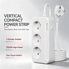 1pc Vertical Compact Schuko Power Strip, 3 German Standard Outlets, 2500W HighPower Extension Cord With One-Touch Switch, Space Saving Desktop Socket ForHome Office - EU E Type Plug(220-240V) - View 3