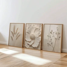 3-Piece Frameless Plant Canvas Wall Art, Minimalist Beige Plant And Abstract Leaf Print, Suitable For Living Room And Bedroom - A - View 3