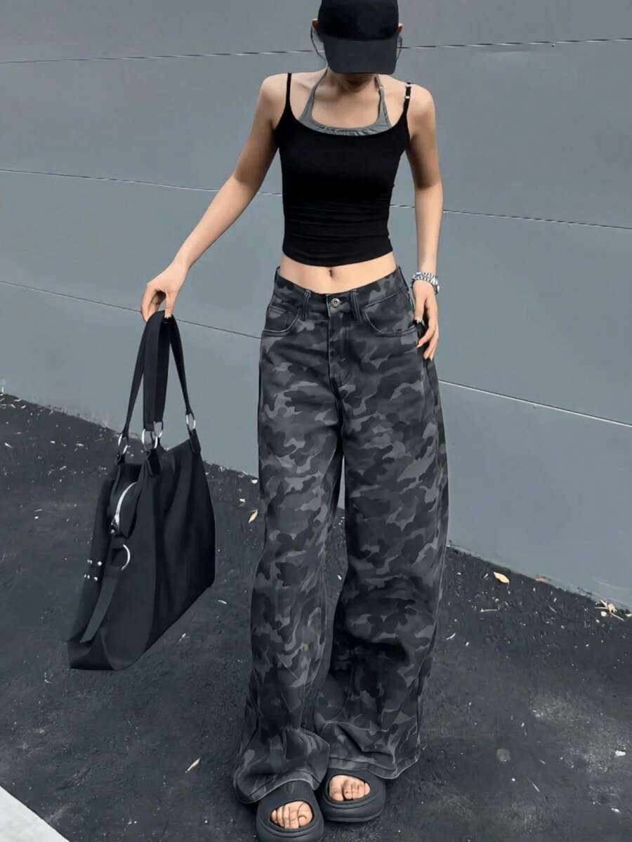 YEAE 女款口袋鈕扣迷彩休閒百搭牛仔褲 - 綠色迷彩 - 查看 1