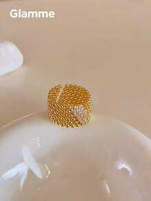 1pc Vintage Hollow Beaded Metal Ring For Women, Elegant Open Band Ring For Party And Formal Occasions - Gold - View 4
