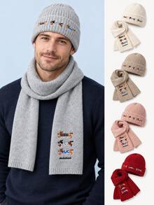 Men's Warm Rib-Knit Beanie Hat & Scarf Set With Dachshund Embroidery, Soft Winter Matching Accessories - Hat and Scarf Set - View 7