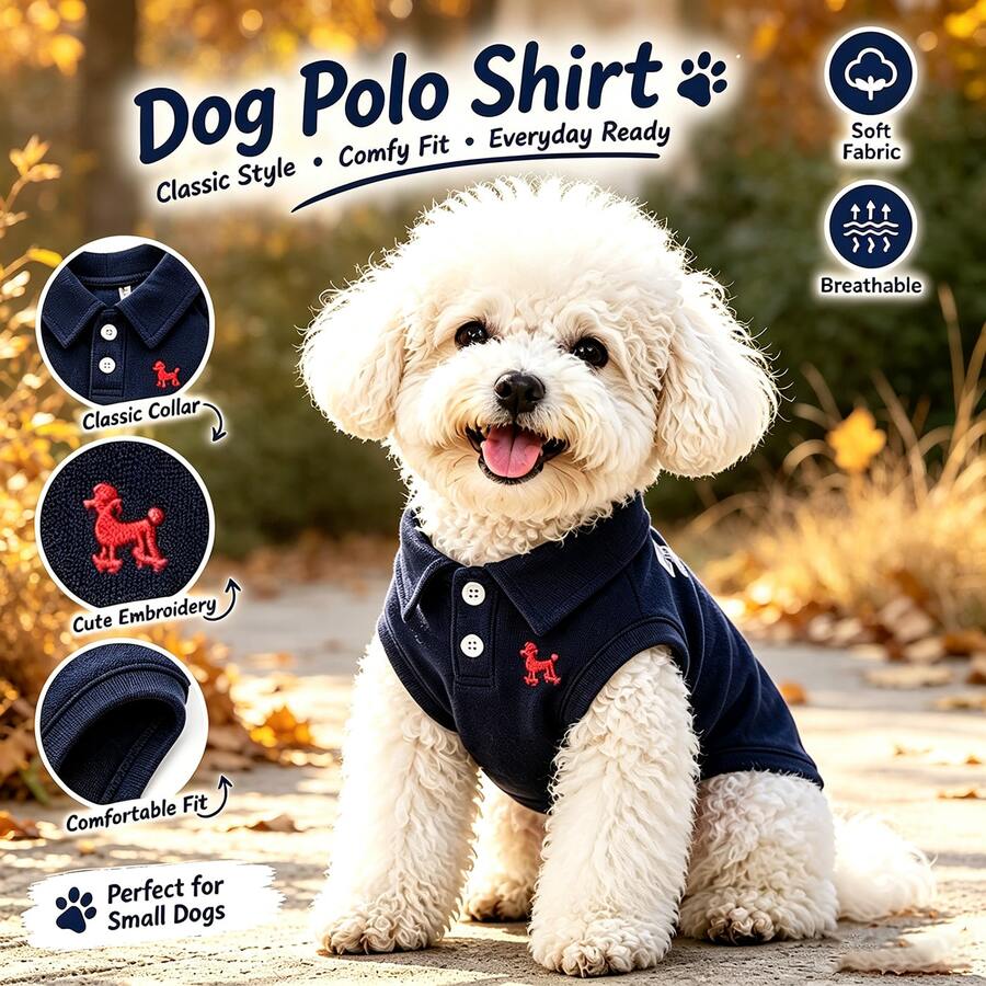 海軍藍 Polo 衫,透氣珠地布料,適合貴賓犬和比熊犬,柔軟舒適,適合戶外/海灘 春季/夏季/秋季 - 藏蓝色 - 查看 1