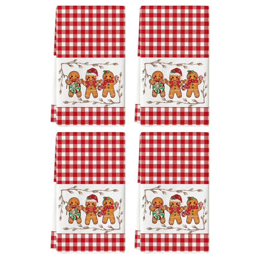 2/4pcs Christmas Bathroom Towel, Red Buffalo Check Gingerbread Man Pattern, Soft, Easy To Clean, And Reusable, Great Bathroom Decoration And Gifts, Necessities Of Life - Red - View 1