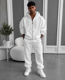 American Minimalist Men White Zip Hoodie And Joggers Set, Solid Loose Casual 2 Pieces Outfit - White - View 1