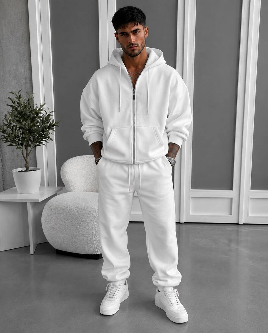 American Minimalist Men White Zip Hoodie And Joggers Set, Solid Loose Casual 2 Pieces Outfit - White - View 1