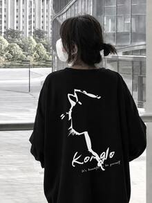 Women's Fashion Autumn/Winter Loose Casual Versatile Cartoon Cat Print Crew Neck Sweatshirt - Black - View 4