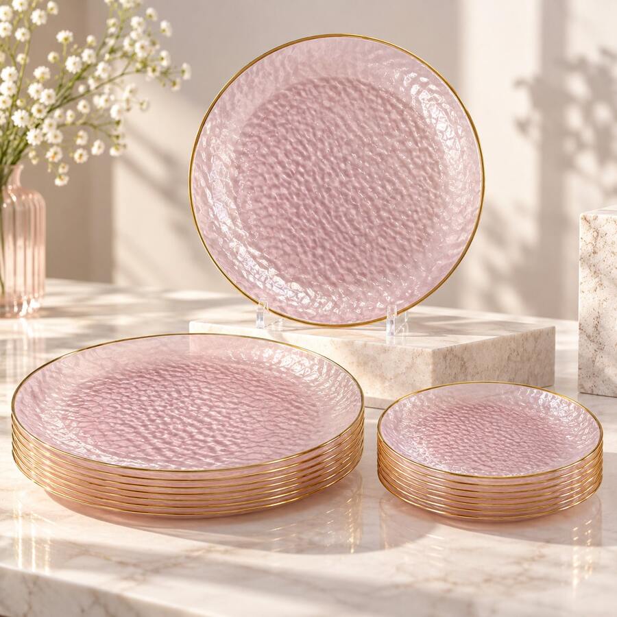 50/25/20/10pcs Pink Transparent Gold Rim Plates Set, 7.5 Inch/10.25 Inch Reusable Plates, Food Trays, Fruit And Snack Platters, Dessert And Salad Plates, Cheese And Candy Trays, Multi-Purpose Tableware For Parties, Weddings, Birthdays, Picnics, Holiday Events, Easy To Clean, Suitable For Elegant Home And Event Table Settings - Light Pink - View 1