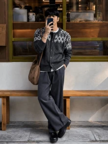 Men's Fair Isle Cardigan Sweater, Loose Drop Shoulder Long Sleeve Button-Up Knit Jacket, Casual Daily Commute Home Wear, Autumn/Winter - Dark Grey - View 5
