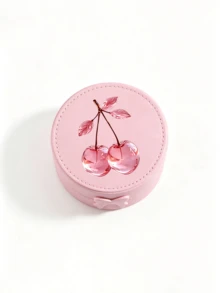 Cherry Pattern Round Portable Jewelry Box, Travel Organizer For Rings Earrings Necklaces,Circular Jewelry Box, Plastic Imitation Pattern Jewelry Storage Box, Single-Layer Bow, Solid Color Earrings, Student Jewelry Box - Multicolor - View 11