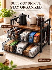 1pc Double-Layer Coffee Station Storage Rack With Detachable Hooks And Divided Mesh Drawer, Multi-Functional Countertop Organizer For Coffee Pods, Tea Bags, Bar Tools And Pantry Snacks, Space-Saving Home Kitchen Coffee Bar Accessory - Multicolor - View 6