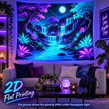 2D Flat Pattern, Single Piece, Moonlight Waterfall Forest Tapestry, Vibrant Trees, Full Moon, Multi-Layer Waterfall And Stream Design, Glows Under Fluorescent Light, Suitable For Wall Decor, Backdrop, Or Party Decoration - Multicolor - View 5