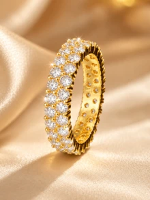 ZCNC Minimalist 5pcs Ring Set, 304 Stainless Steel, 18k Gold Plated, 9 Round Diamonds, Double Layer Starry Sky Design, Suitable For Women's Vacation, Commute, Perfect Gift For Friends - Gold - View 7