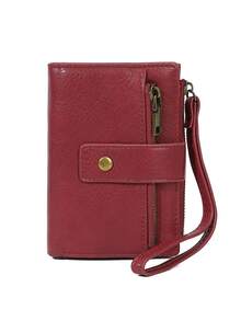 Women's RFID Blocking Small Wallet, Wine Red PU Leather Card Holder Purse With Snap Button, Zipper Coin Pocket & Wristlet - Red - View 10