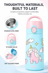 QWE 480ml 316 Stainless Steel Insulated Straw Cup With Silicone Straw, Cartoon Design, Portable Water Bottle For Kindergarten And Primary School Students - Cadet Blue - View 8