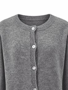 JustMiss Women's Round Neck Long Sleeve Knit Loose Short Cardigan, Minimalist Commute Button-Up Knit Sweater, Spring/Autumn - Dark Grey - View 11