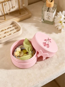 Cherry Pattern Round Portable Jewelry Box, Travel Organizer For Rings Earrings Necklaces,Circular Jewelry Box, Plastic Imitation Pattern Jewelry Storage Box, Single-Layer Bow, Solid Color Earrings, Student Jewelry Box - Multicolor - View 4