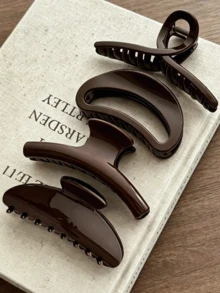 4 Pcs Large Dark Brown Glossy Hair Claw Clips - Minimalist Square,Curved,Loop Designs,Non-Slip,Strong Hold Accessories,Long Hair,Women & Girls Fall - Brown - View 1