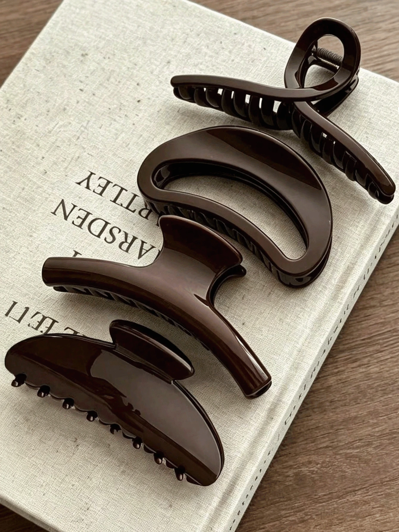4 Pcs Large Dark Brown Glossy Hair Claw Clips - Minimalist Square,Curved,Loop Designs,Non-Slip,Strong Hold Accessories,Long Hair,Women & Girls Fall - Brown - View 1