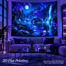 2D Flat Pattern, 1pc, Magic Forest Tapestry, Floral, Tree, Full Moon, Waterfall, Lotus Pond Design, Glows Under Fluorescent Light, Suitable For Wall Decor, Backdrop, Or Party Decoration. - Multicolor - View 2