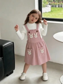 Autumn New Girls Pink Bunny Pinafore Dress Long Sleeve Base Layer T-Shirt Top 2 Pieces Set Versatile Daily Outing Vacation Photo Party - Pink - View 10