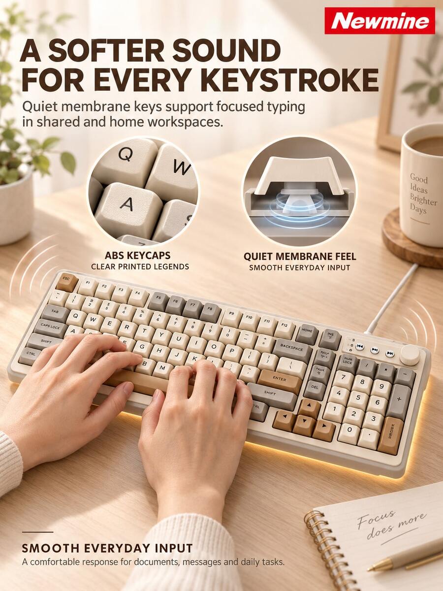 Newmine BK212 Wired Membrane Keyboard, 26-Key Anti-Ghosting, Ergonomic, RGB Backlit, External Keyboard For Office, Dorm, And PC, USB Plug And Play - View 1