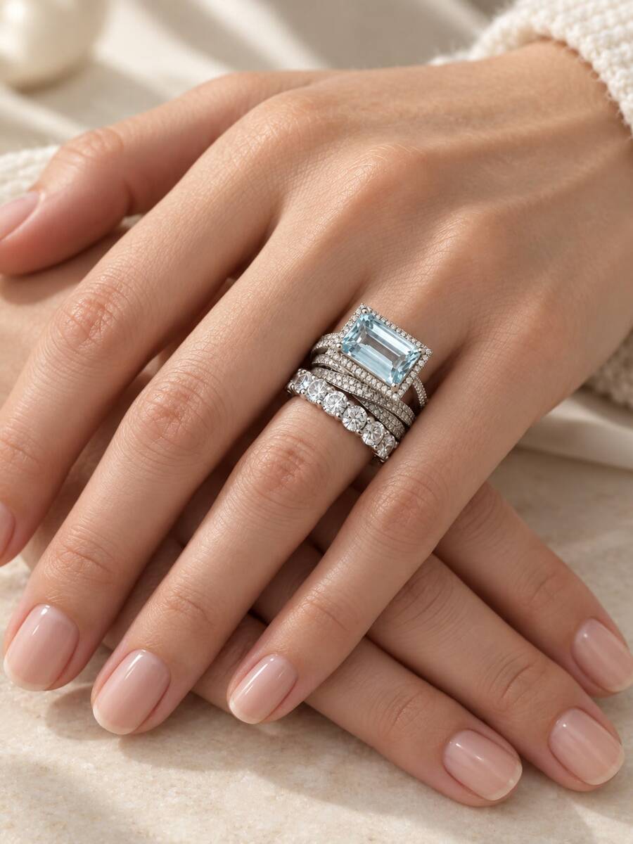 3pcs Vintage Sapphire Style Rings, Silver Multi-Layer CZ Halo, Emerald Cut, Art Deco Design, Suitable For Brides And Special Occasions - Silver - View 1