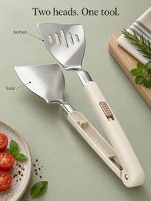 2-In-1 304 Stainless Steel Spatula Tongs With Locking Clip And Sliding Lock, Wide Slot Flipping Spatula, Textured Cream Handle, Multi-Function Kitchen Food Tongs, Suitable For Steak, Fish, Pancakes, BBQ, Frying, Grilling, Serving Toast And Tofu, Cooking Tool - View 5
