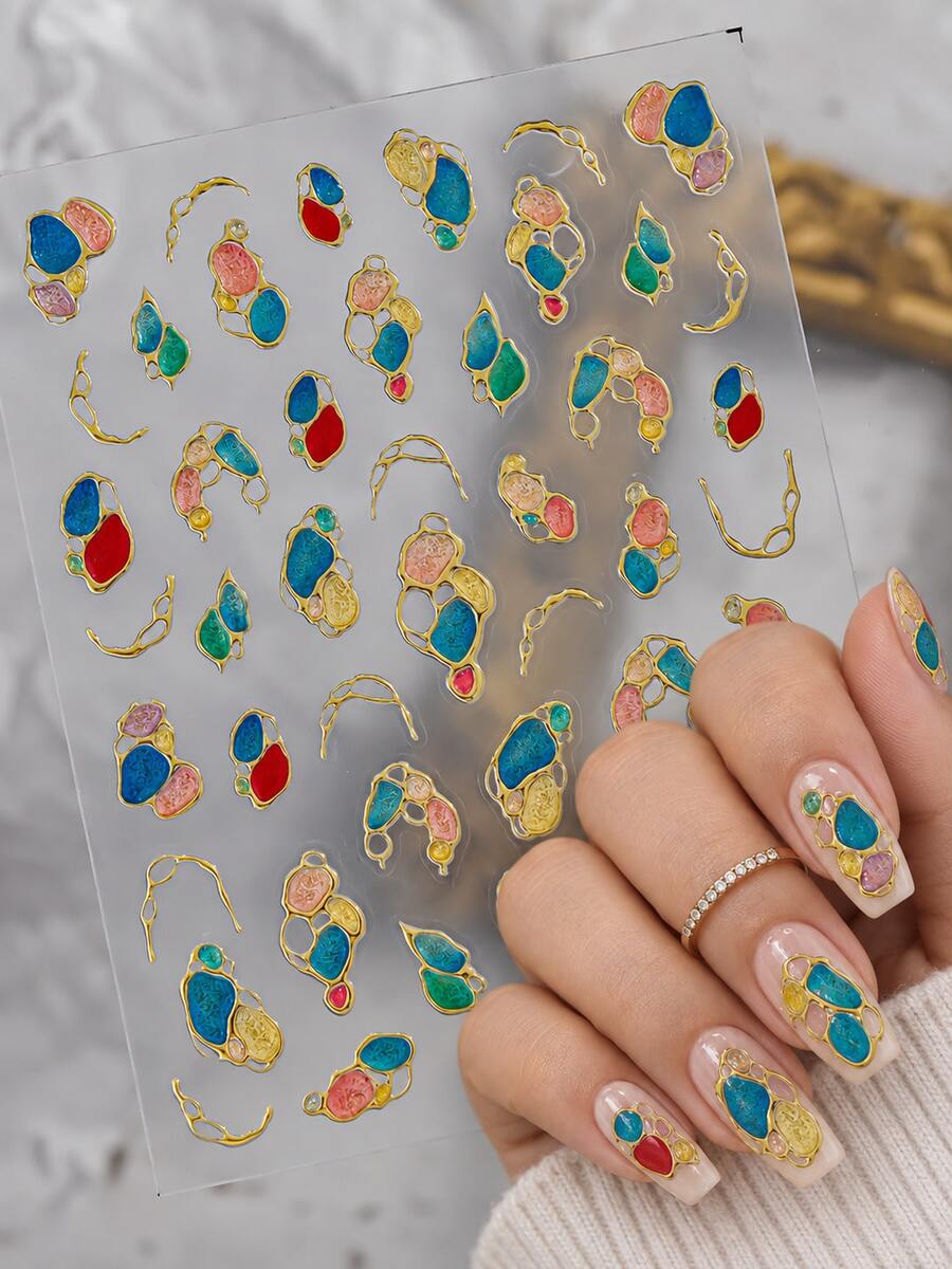 1 Sheet, 2 Styles Metallic Nail Stickers, Colorful Abstract Gemstone Pattern Nail Decals, Gold Outline Self-Adhesive DIY Nail Art Decorations For Women, Christmas Gift - Multicolor - View 1