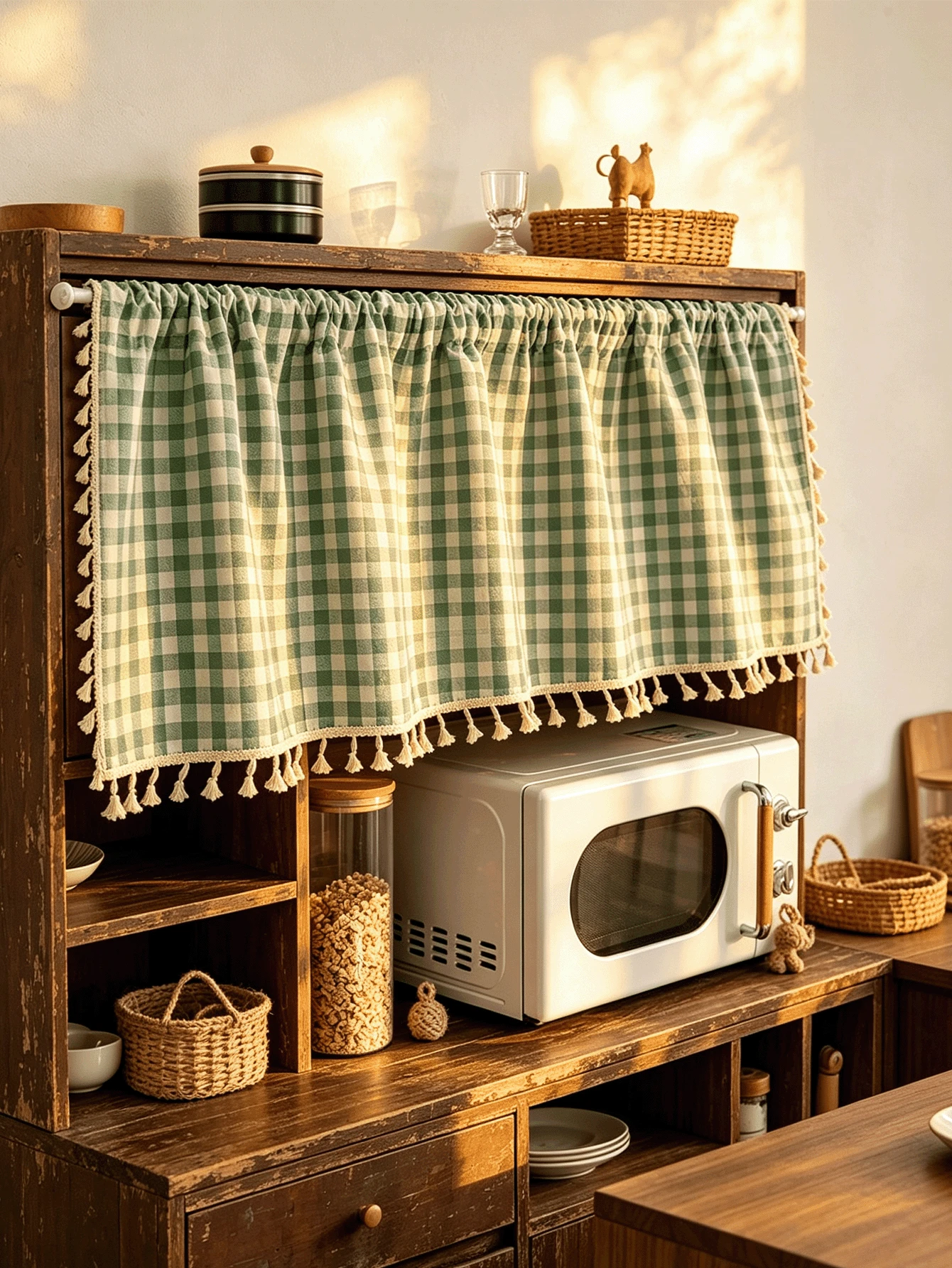 1PC Bohemian Style Tassel Table Skirt, Kitchen Cabinet Curtain, Bookshelf Divider Curtain, Washable And Reusable, Suitable For Living Room, Dining Room, Coffee Shop, Balcony, Party, Home Decor - Green - View 1
