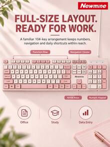 Newmine BK103 Wired Keyboard USB Plug And Play Quiet Business Office Splash-Proof Portable Keyboard Universal Peripheral For Gaming Desktop Laptop All-In-One Cherry Pink Fresh Green - View 3
