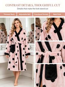 1pc Women's Pink Polka Dot Contrast Trim Flannel Bathrobe, Long-Sleeve V-Neck Lounge Robe With Belt And Pockets, Soft Warm Fuzzy Mid Length Bathrobe For Autumn Winter Home Wear - Multicolor - View 3