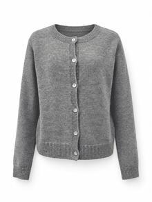 JustMiss Women's Round Neck Long Sleeve Knit Loose Short Cardigan, Minimalist Commute Button-Up Knit Sweater, Spring/Autumn - Dark Grey - View 10