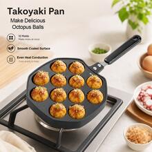 Wajan Takoyaki, Cetakan Bola Gurita Berlapis Halus dengan Gagang Panjang, Cetakan Kue Bulat Multi-Lubang untuk Kompor Gas, Wajan Ebelskiver untuk Takoyaki, Cake Pops, Bakso, dan Camilan - View 13