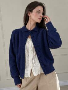 minisummer Women Elegant Fall Fuzzy Collared Knit Cardigan Long Sleeve, Fall Outfit For Women, Soft Plush Sweater Jacket For Daily Office - Navy Blue - View 1