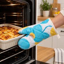 1pc Padded Oven Mitt With Blue And Yellow Print, Kitchen Pot Holder With Hanging Loop For Cooking And Baking - View 1