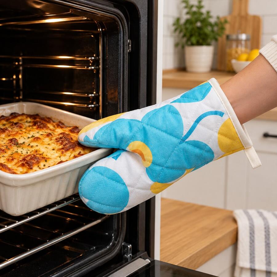 1pc Padded Oven Mitt With Blue And Yellow Print, Kitchen Pot Holder With Hanging Loop For Cooking And Baking - View 1