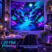 2D Flat Pattern, Single Piece, Moonlight Waterfall Forest Tapestry, Vibrant Trees, Full Moon, Multi-Layer Waterfall And Stream Design, Glows Under Fluorescent Light, Suitable For Wall Decor, Backdrop, Or Party Decoration - Multicolor - View 14