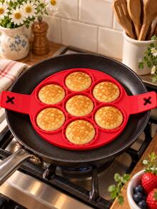 7-Cavity Red Silicone Pancake Mold, Nonstick Round Egg Ring With Side Handles, Heat-Resistant Breakfast Cooking Mold For Pancakes, Fried Eggs, Crepes And Home Kitchen Brunch - Multicolor - View 4