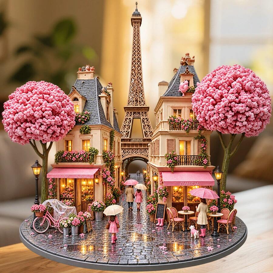 Paris Rainy Street Fridge Magnet, A Romantic Walk Beneath Pink Blossoms For Warm Kitchen Memories For All Metal Surfaces Throughout The Home - A - View 1