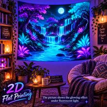 2D Flat Pattern, Single Piece, Moonlight Waterfall Forest Tapestry, Vibrant Trees, Full Moon, Multi-Layer Waterfall And Stream Design, Glows Under Fluorescent Light, Suitable For Wall Decor, Backdrop, Or Party Decoration - Multicolor - View 8