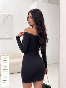 SUNSTORY Women's Autumn Black Off-Shoulder Lace Trim Long Sleeve Fitted Bodycon Mini Dress, Elegant Style, Suitable For Party, Club, Disco, Birthday Outfits - Black - View 6