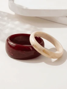 2pcs Burgundy And Beige Textured Wide Resin Bracelets, Fashion Vintage Stackable Daily Women's Bracelets - Burgundy + Off-white - View 9