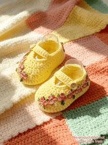 1 Pair Handmade Crochet Infant Shoes, Beige With Floral Embroidery, Mary Jane Style, Button Strap - Yellow - View 1