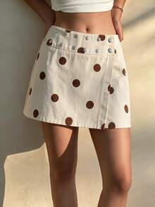100% Cotton Women's Y2K Low Waist Wrap Brown Polka Dot Print Silver Metal Rivet Decor Side Slit Mini Skirt Shorts, Vintage Summer Casual Style - Apricot - View 1