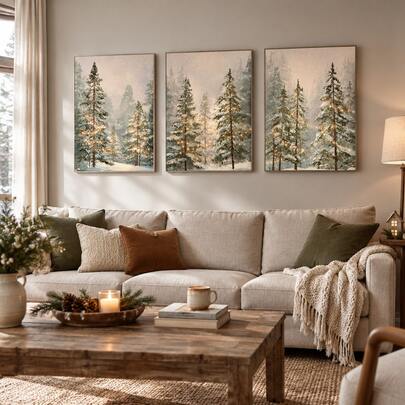Juego de 3 lienzos de arte de pared de bosque de pinos nevados, paisaje de hoja perenne brumoso con luz dorada cálida, impresiones de naturaleza invernal para sala de estar, dormitorio o cabaña, decoración rústica acogedora para amantes de la naturaleza sin marco